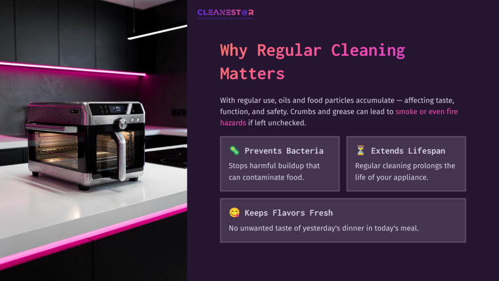 3 Why Regular Cleaning Matters Air Fryer Toaster Oven In A Modern Kitchen With Pink Accents, Showcasing Cleaning Benefits Like Preventing Bacteria And Extending Lifespan.