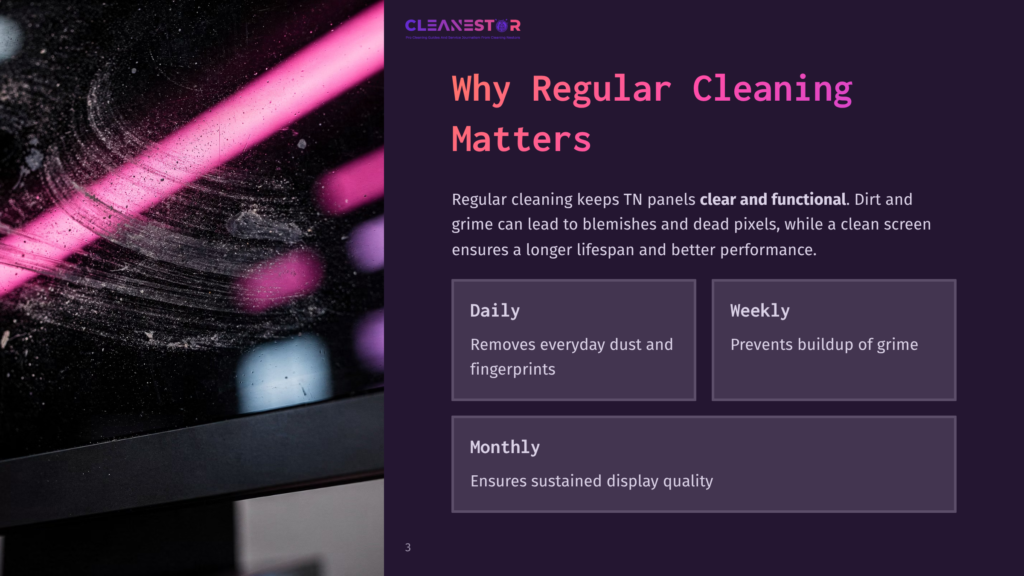 Close-Up Of A Tn Panel Showing Smudges And Dust, With A Dark Background And Pink Lighting; Includes Text About Cleaning Tips And Schedule.