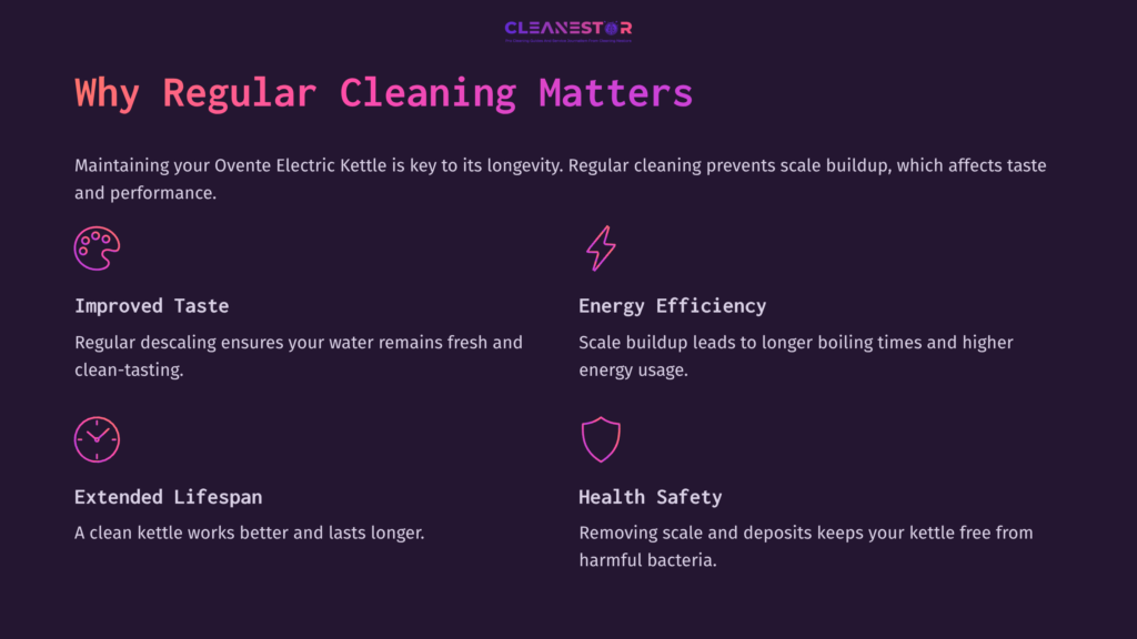 Text On A Dark Purple Background Highlights The Importance Of Regular Cleaning For Ovente Electric Kettles, Listing Benefits Like Improved Taste, Energy Efficiency, Extended Lifespan, And Health Safety.