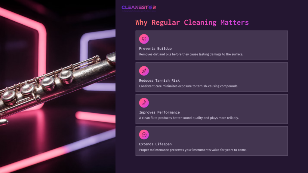 Close-Up Of A Silver Flute Against A Colorful Neon Background, Accompanied By Text Outlining The Benefits Of Regular Cleaning.