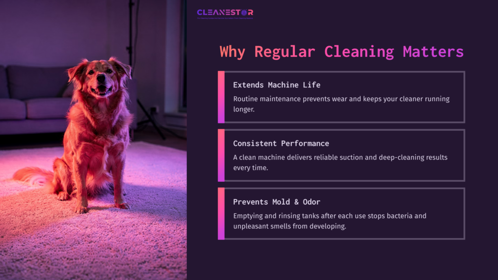 A Golden Retriever Sits On A Purple-Lit Floor, Next To Text Boxes Explaining The Benefits Of Regular Cleaning For Machines.
