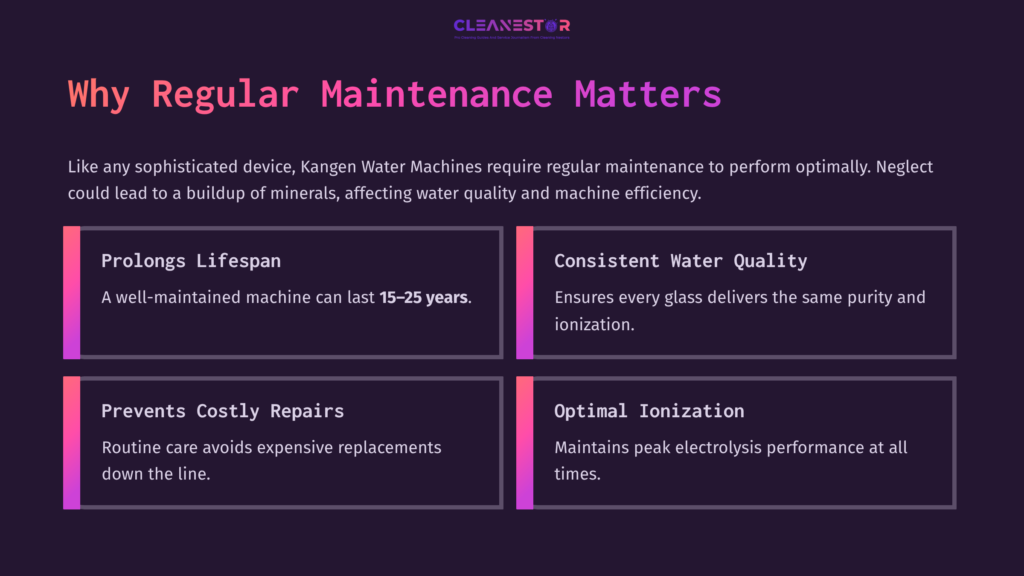 Purple Background With Bold White Text Highlights The Importance Of Kangen Machine Maintenance. Key Points On Lifespan, Water Quality, Repairs, And Ionization.