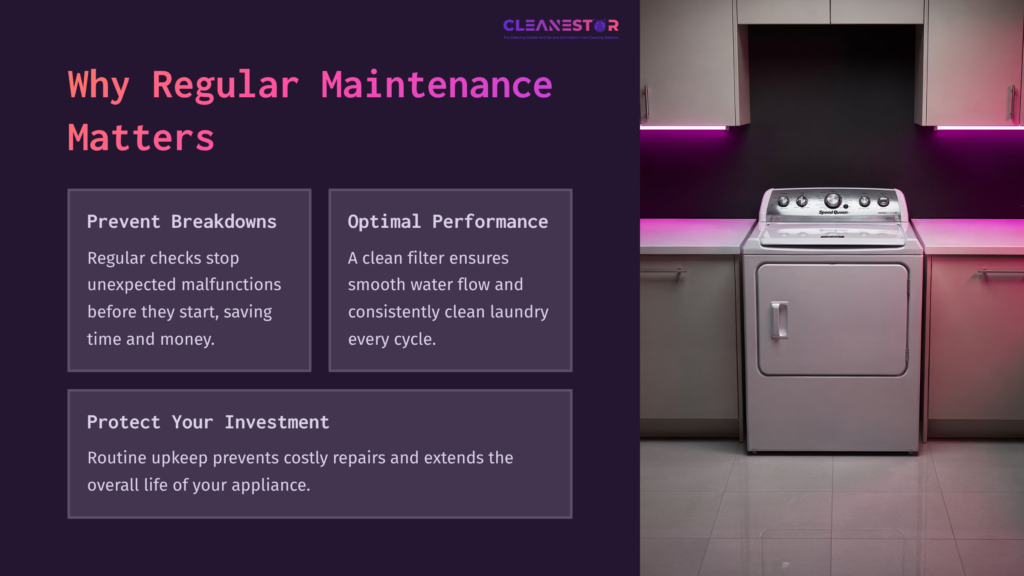 A Speed Queen Washer And Dryer Setup Against A Purple Backdrop, Highlighting Maintenance Benefits In White Text Boxes.