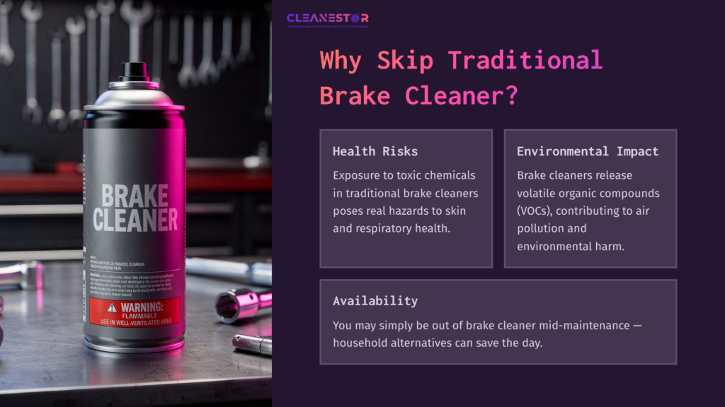 A Spray Can Labeled &Quot;Brake Cleaner&Quot; With A Warning Symbol, Surrounded By Tools On A Workbench, Against A Dark Purple Background.