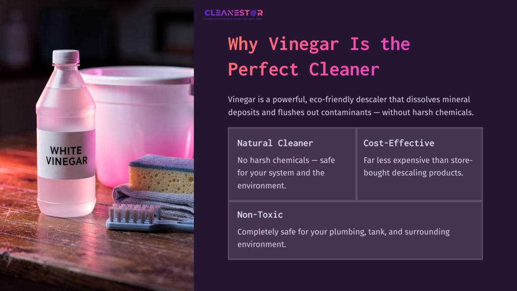 Clear Bottle Of White Vinegar Next To A Sponge And Scrub Brush, With Text Highlighting Its Benefits As A Natural, Cost-Effective, Non-Toxic Cleaner.