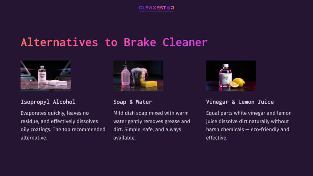 Four Cleaning Solutions Displayed On A Dark Purple Background: Isopropyl Alcohol, Soap &Amp; Water, Vinegar, And Lemon Juice, With Accompanying Visuals.