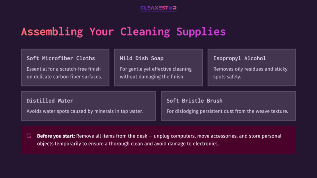 Text Layout On A Purple Background Includes Cleaning Supply Essentials: Soft Microfiber Cloths, Mild Dish Soap, Isopropyl Alcohol, Distilled Water, And A Soft Bristle Brush. Instructions Emphasize Removing Items From The Desk Before Cleaning.