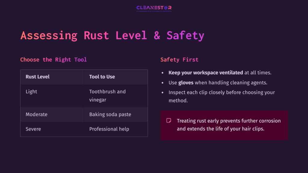 Graphic With A Dark Purple Background, A Title In White Text, And Sections Detailing Rust Levels, Tools For Cleaning, And Safety Tips For Hair Clips.