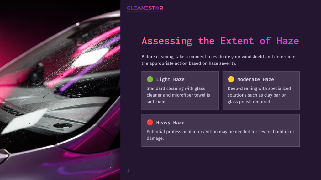 Close-Up Of A Car Windshield With A Pink And Purple Hue, Showing Water Droplets And A Text Box Assessing Haze Severity With Color-Coded Levels.