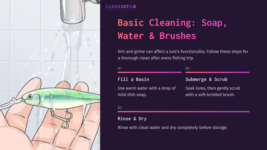 Hand Holding A Fishing Lure Under Running Water, With A Basin Nearby; Text Instructions On Cleaning Methods In A Clear Layout.