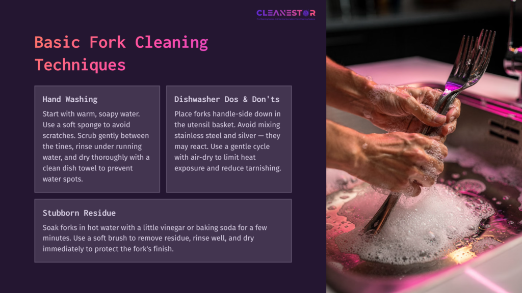 Hands Scrubbing A Fork In Soapy Water, Surrounded By Bubbles, With Tips For Cleaning And Maintaining Forks Displayed On The Side.
