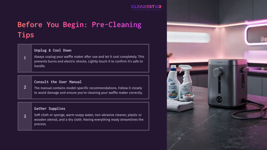 Purple Background With White Text Lists Pre-Cleaning Tips For A Waffle Maker; Includes Cleaning Supplies Like Bottles, Sponges, And The Appliance Itself.