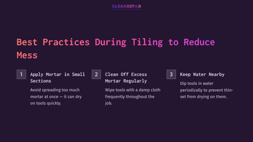Three Numbered Tips On A Dark Purple Background: 1) Apply Mortar In Small Sections, 2) Clean Off Excess Mortar Regularly, 3) Keep Water Nearby.
