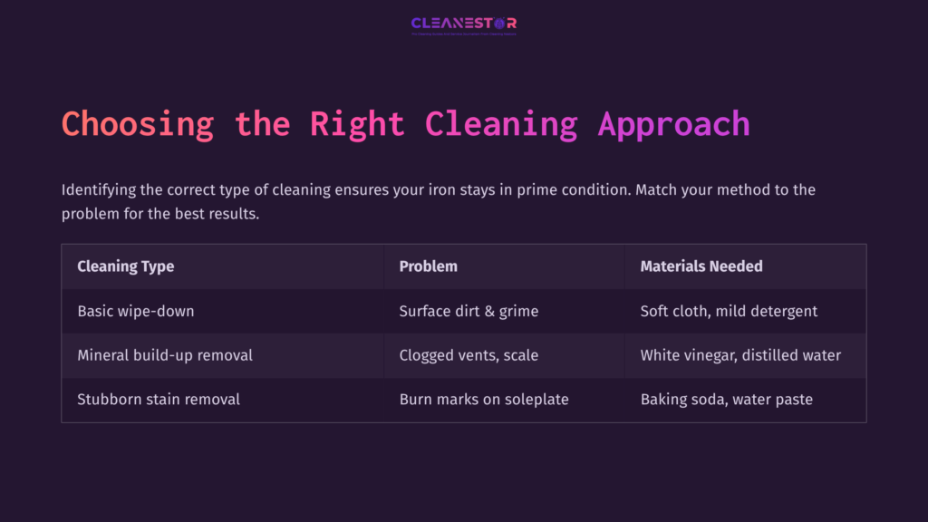 Table Detailing Cleaning Methods For A Sunbeam Iron, With Sections On Cleaning Type, Problems, And Materials Needed, Set Against A Dark Background.