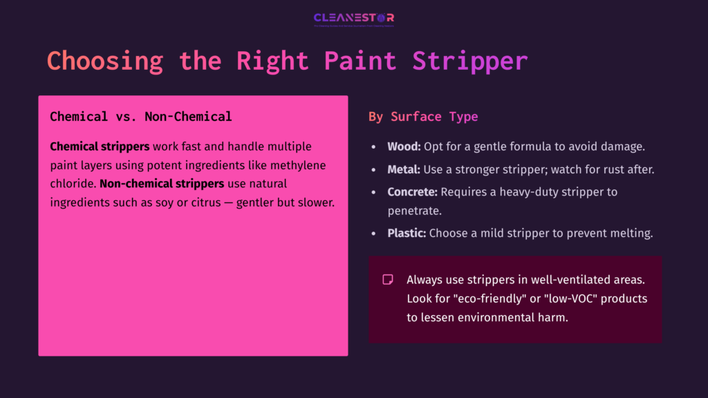 Bright Pink And Purple Background With White Text, Outlining Tips For Choosing Paint Strippers Based On Surface Type And Ingredients.