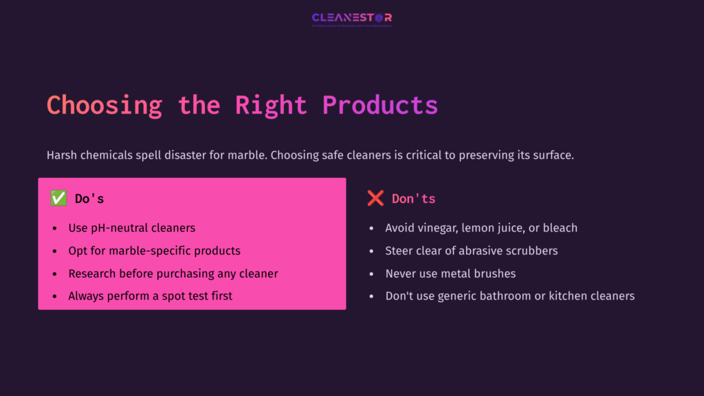 Text On A Dark Purple Background With Pink Accents Outlines Safe Cleaning Products For Marble, Including Dos And Don'Ts.