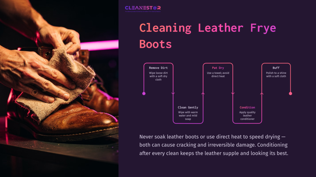 Brown Leather Frye Boots Being Cleaned With A Cloth, Accompanied By Step-By-Step Instructions On Boot Care In Purple And White Text.