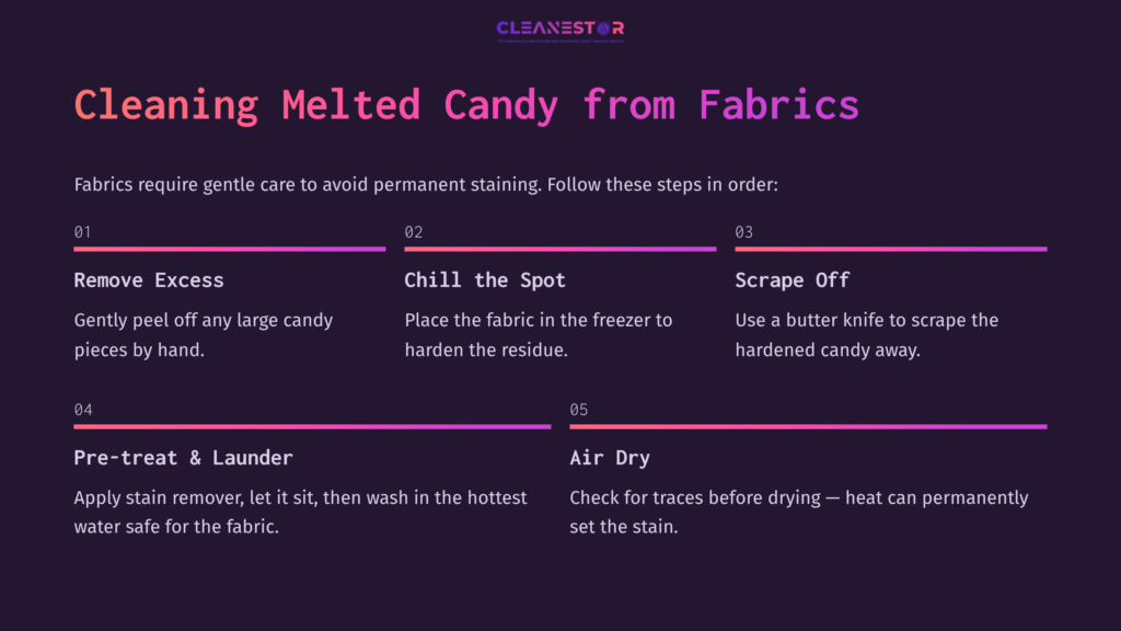 Text Instructions On A Dark Purple Background, Outlining Steps For Cleaning Melted Candy From Fabrics, With Highlights In White And Pink.