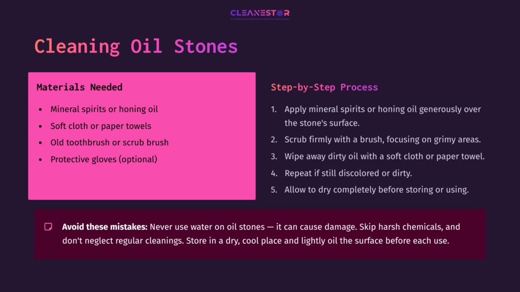 A Clean, Instructional Graphic Featuring Steps To Clean Oil Sharpening Stones, With Bold Headings, Key Materials, And Cautionary Tips.