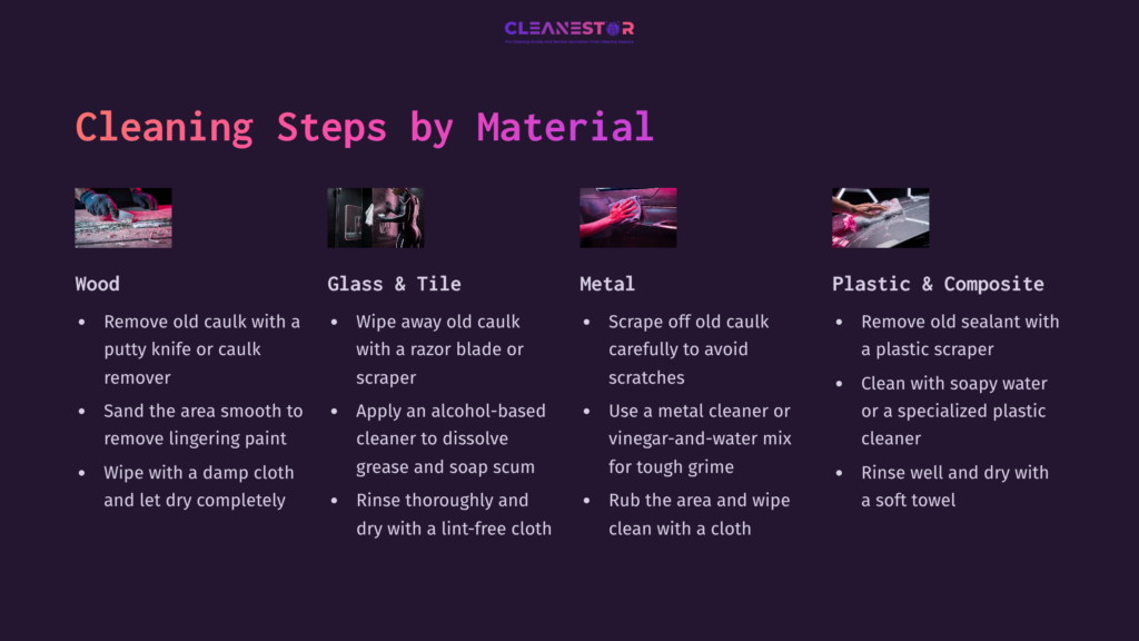 4 Cleaning Steps By Material Visual Guide Outlining Cleaning Steps By Material: Sections For Wood, Glass &Amp; Tile, Metal, And Plastic With Icons And Instructions.