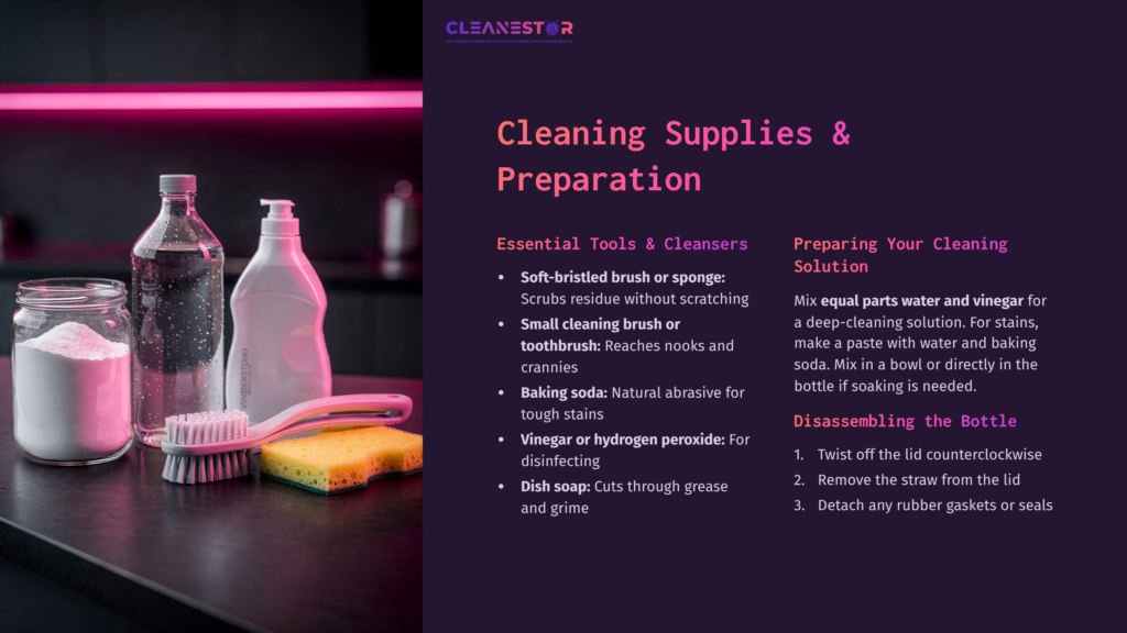 Cleaning Supplies Arranged On A Countertop Include Bottles, A Sponge, Baking Soda, And Dish Soap, With Pink Lighting In The Background.