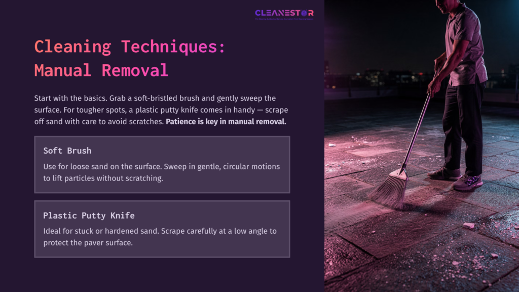 A Person Using A Soft Brush And Plastic Putty Knife To Clean Pavers, With A Focus On Their Hands And Tools Against A Dark Background.