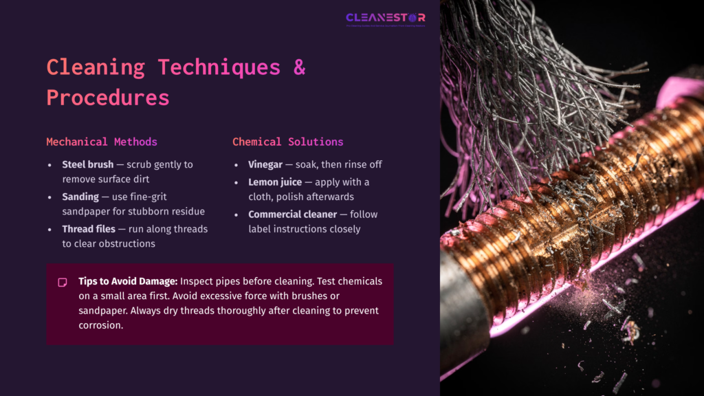 Copper Pipe Threads Prominently Displayed With Cleaning Techniques; Includes Steel Brush, Sanding, And Chemical Solutions Highlighted On A Purple Background.