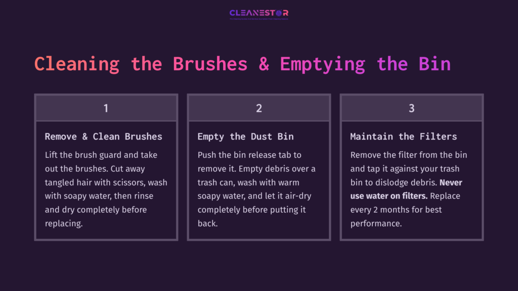 Instructions For Cleaning A Roomba 600 Series, Featuring Numbered Steps: Cleaning Brushes, Emptying The Dust Bin, And Maintaining Filters On A Dark Background.