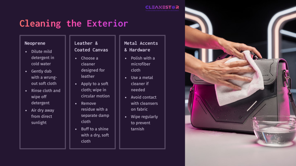 4 Cleaning The Exterior A Cleaning Guide For A Dagne Dover Bag, Featuring Tips For Neoprene, Leather, And Metal Accents On A Dark Background.