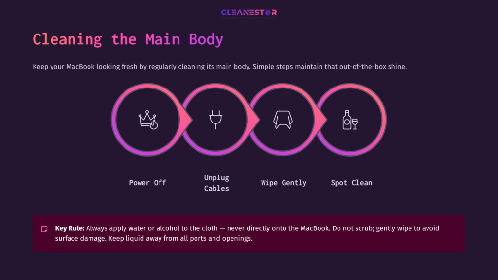 4 Cleaning The Main Body Instructions For Cleaning A Macbook'S Exterior, Featuring Icons For Powering Off, Unplugging, Wiping, And Spot Cleaning In A Circular Layout.
