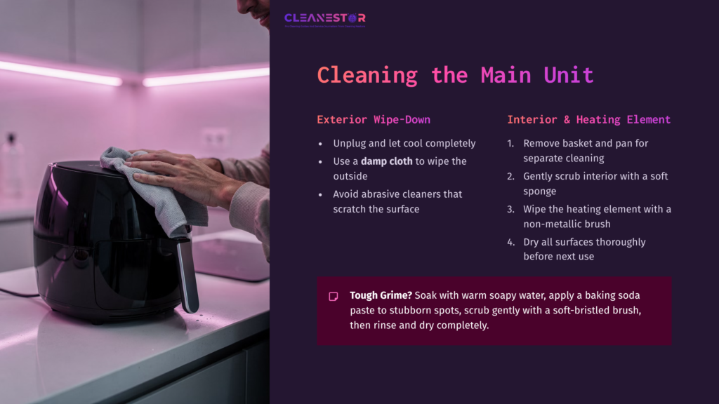 A Person Wipes The Exterior Of A Black Air Fryer With A Damp Cloth, While Cleaning Instructions Are Displayed In Purple Text On The Side.