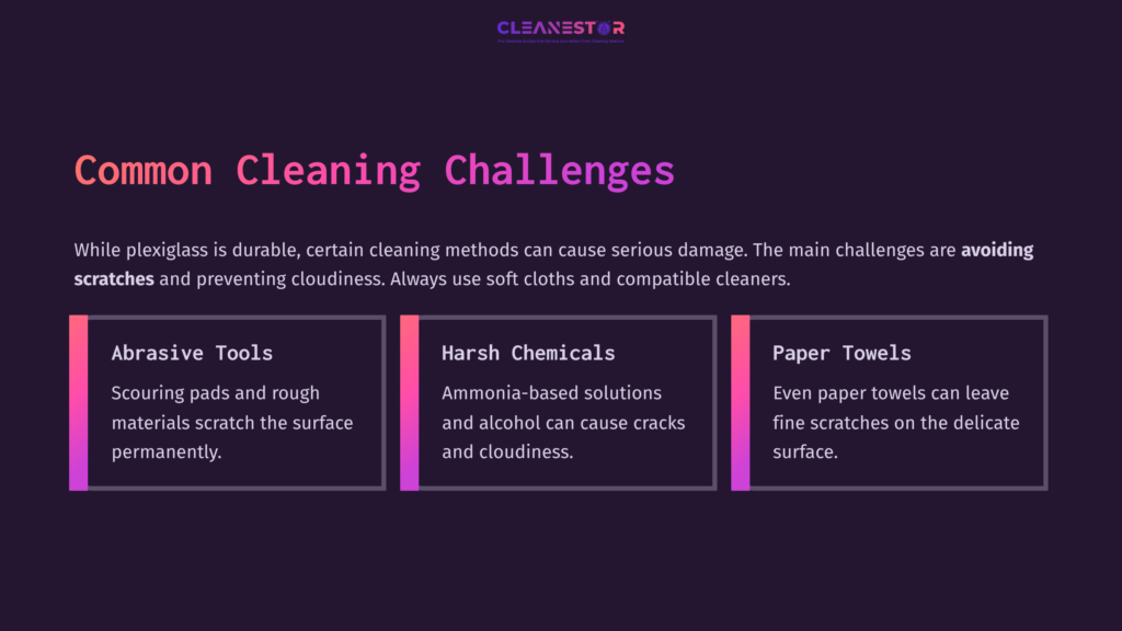 Graphic Listing Common Cleaning Challenges For Plexiglass, Featuring Bold Text Highlights On Harsh Tools, Chemicals, And Paper Towels Against A Dark Background.