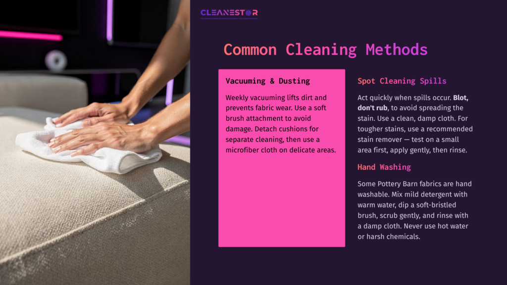 A Person Cleaning Beige Upholstery With A Damp Cloth. The Background Features Purple And Black Furniture, Emphasizing A Modern Interior.