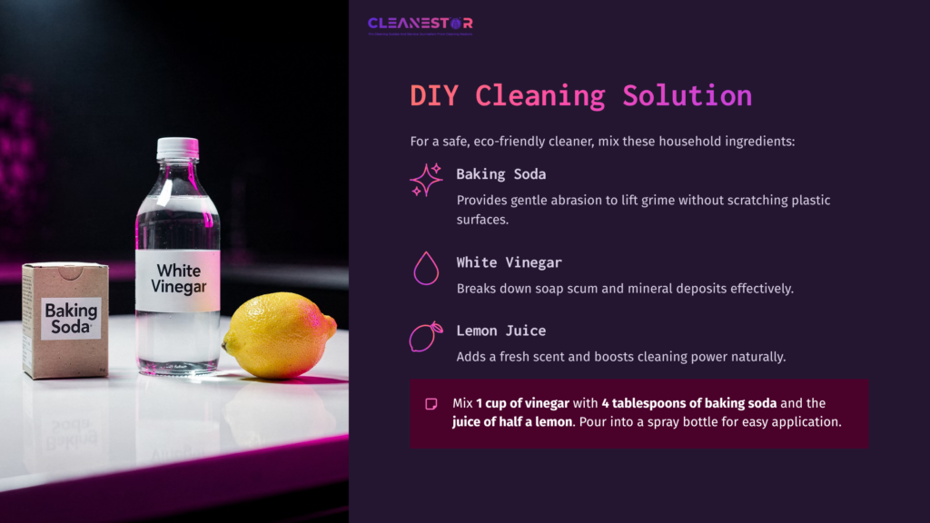 Clear Glass Bottle Of White Vinegar, Yellow Lemon, And A Box Of Baking Soda On A Dark Surface With Purple Background. Instructions For A Diy Cleaning Solution.