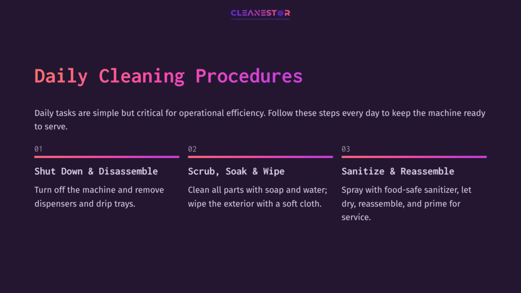 Daily Cleaning Procedures For An Ice Cream Machine: Steps To Shut Down, Scrub, Soak, Wipe, Sanitize, And Reassemble In Bold Text On A Dark Background.