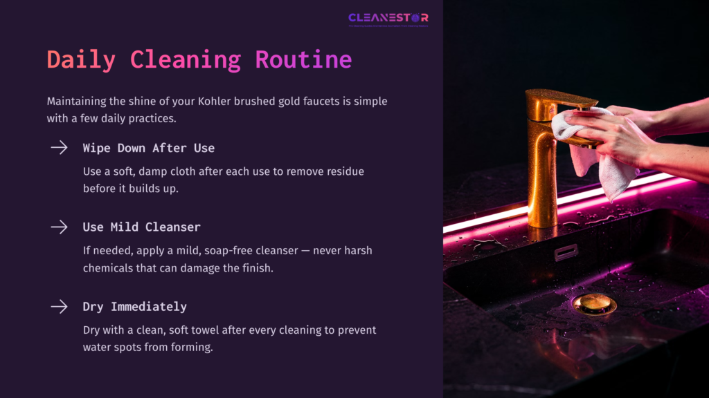Kohler Brushed Gold Faucet Next To A Sink, With Cleaning Tips In Purple Text On The Left. Water Droplets Visible On The Surface.