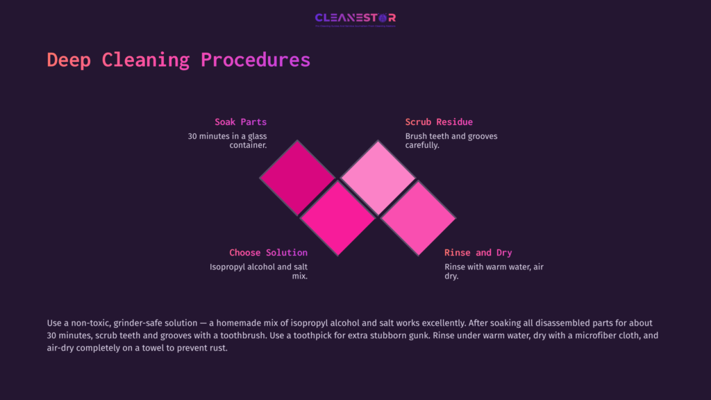 Diagram Outlining Deep Cleaning Procedures For A Santa Cruz Shredder, Featuring Color Blocks With Steps: Soak, Solution Choice, Rinse And Dry.