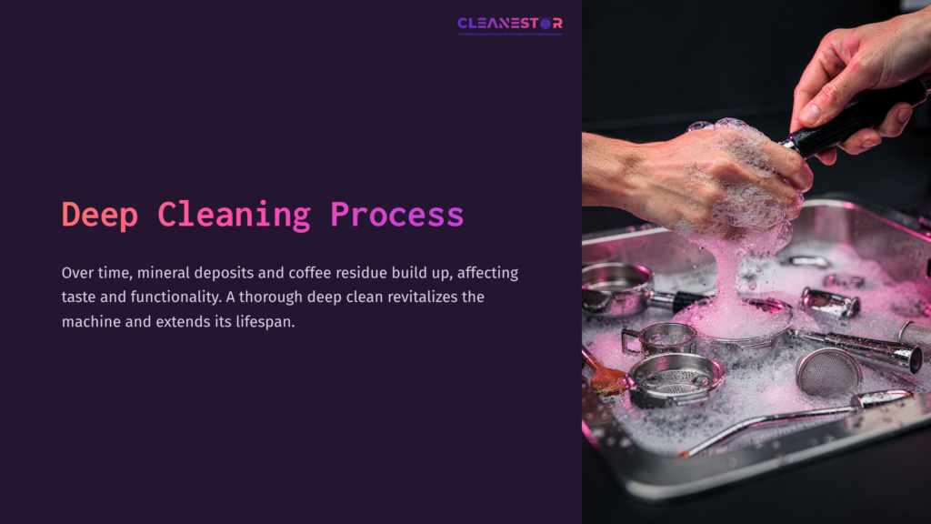 Hands Cleaning Coffee Machine Components In Soapy Water, Showcasing Bubbles And A Metal Tray, With A Dark Background Highlighting The Action.