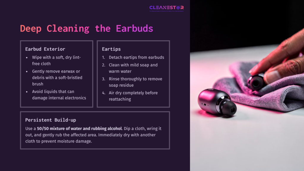 Jabra Elite 65T Earbuds On A Pink Cloth, Alongside Cleaning Instructions In Purple And Dark Gray Text For Deep Cleaning Care.