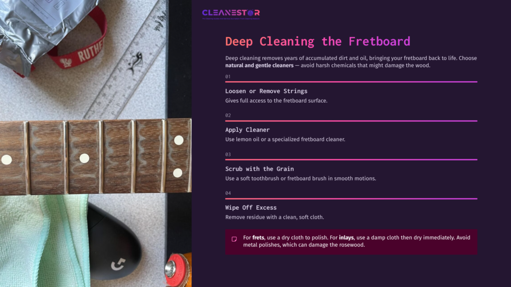 4 Deep Cleaning The Fretboard A Close-Up Of A Rosewood Fretboard With Visible Dirt, A Cleaning Tool, And A Guitar Pick, Alongside Instructions In A Dark Layout.