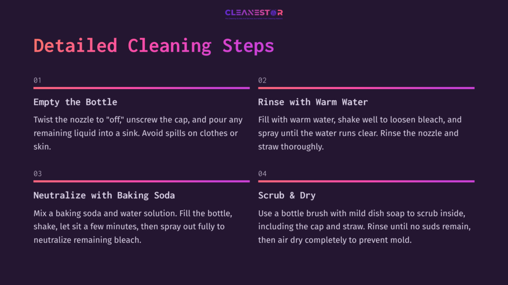 Cleaning Instructions In A Purple And Pink Layout, Detailing Steps To Clean A Spray Bottle, Including Rinsing And Using Baking Soda.