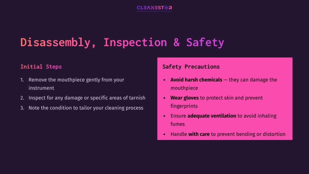 4 Disassembly Inspection And Safety Text On A Purple Background Outlines Steps For Cleaning A Mouthpiece, With A Pink Box Highlighting Safety Precautions.