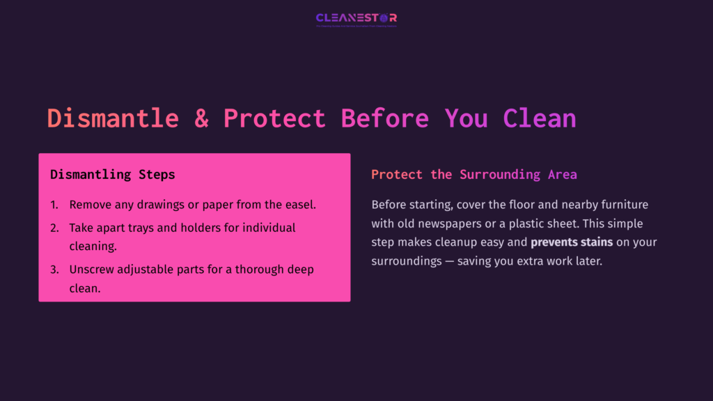 Text Instructions On A Dark Background With A Vibrant Pink Box Highlighting Steps For Cleaning A Discovery Drawing Easel.