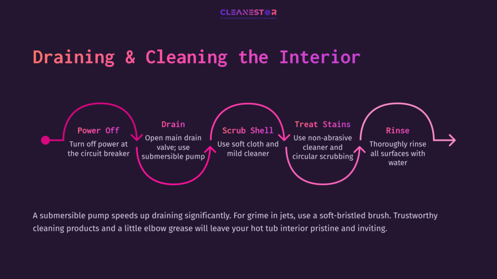 Flowchart Outlining Steps For Cleaning A Hot Tub: Power Off, Drain, Scrub Shell, Treat Stains, And Rinse; Features Pink And White Text On A Dark Background.