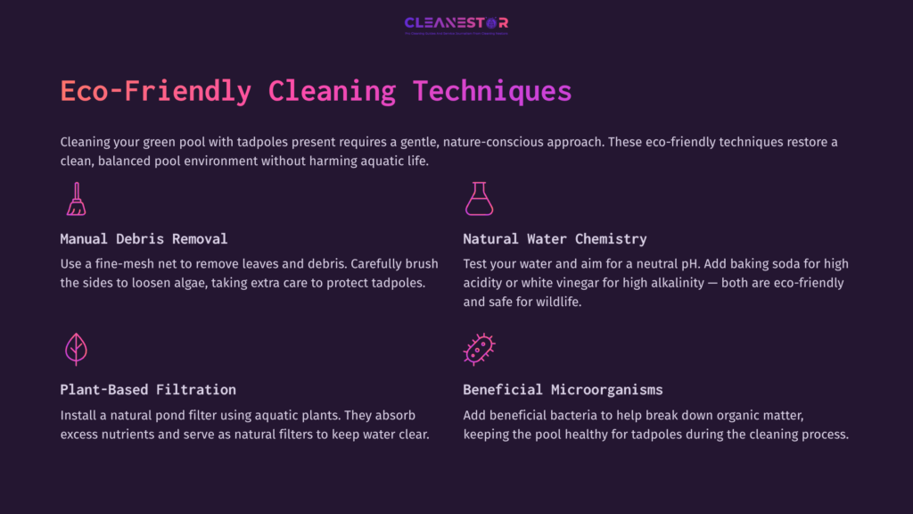 4 Eco Friendly Cleaning Techniques Purple Background With White Text Detailing Eco-Friendly Pool Cleaning Techniques, Featuring Sections On Manual Debris Removal, Water Chemistry, And Plant-Based Filtration.