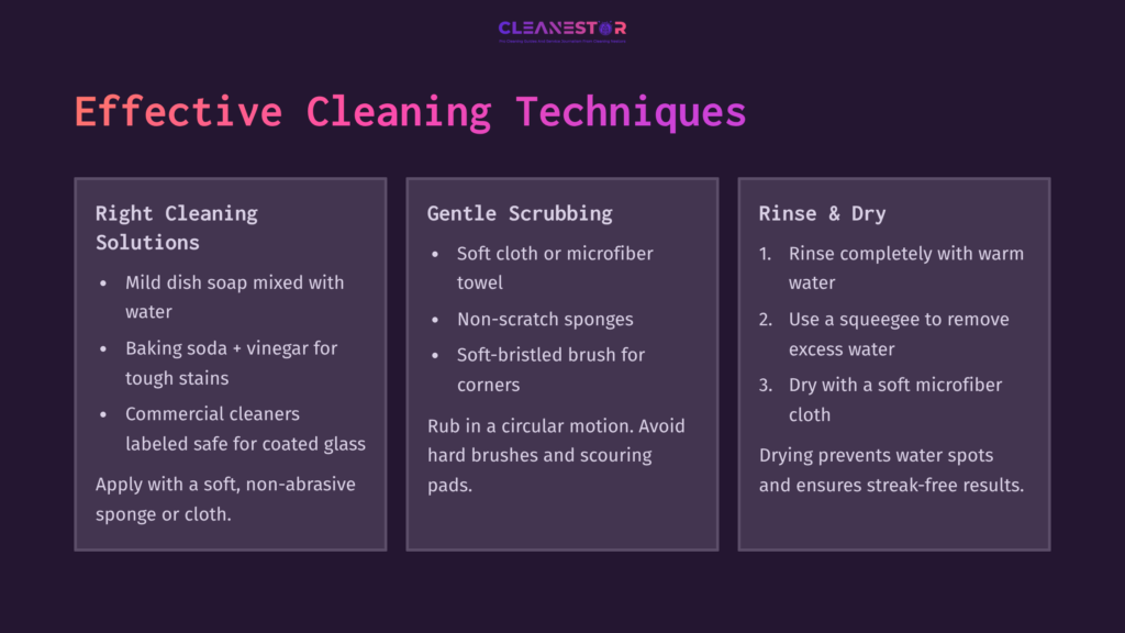 Cleaning Techniques For Coated Shower Doors, Featuring Three Sections: Cleaning Solutions, Gentle Scrubbing Methods, And Rinse/Dry Instructions.