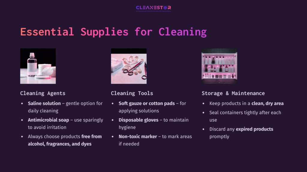 Supplies For Cleaning Dermal Piercings: Saline Solution, Cleaning Tools Like Gloves And Cotton Pads, And Storage Recommendations.