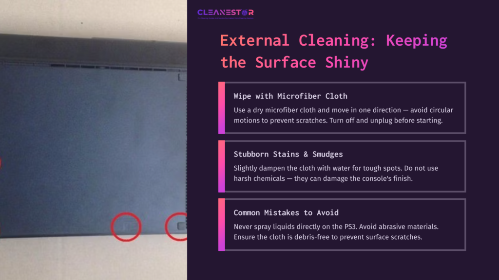 Blue Ps3 Super Slim Console With Highlighted Areas For Cleaning Tips Using A Microfiber Cloth, Avoiding Direct Spray, And Preventing Surface Damage.