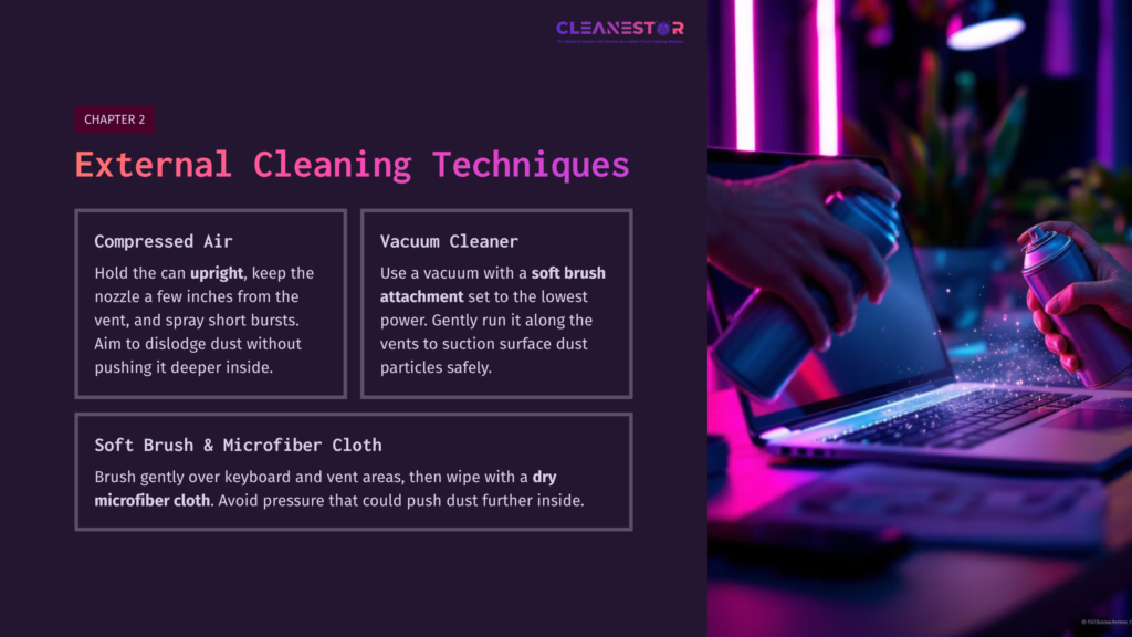 A Person Holding A Can Of Compressed Air Sprays Dust Near A Laptop, With Pink And Purple Lighting In The Background. Text Outlines Cleaning Techniques.