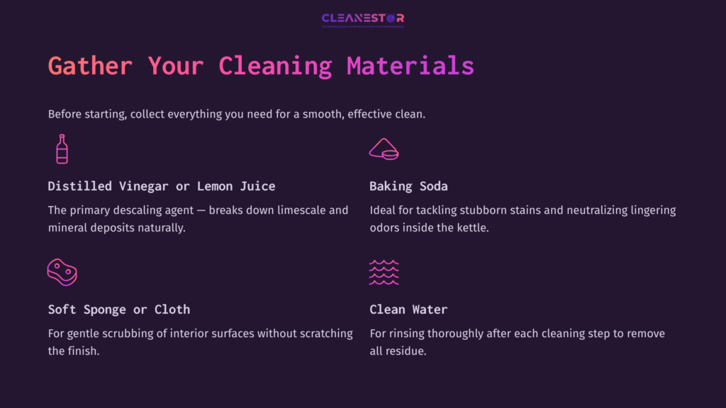 Colorful Infographic Listing Cleaning Materials For A Cosori Electric Kettle, Featuring Icons For Vinegar, Baking Soda, Sponge, And Water.